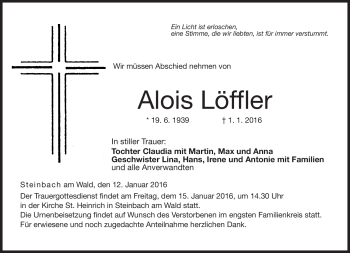 Traueranzeige von Alois Löffler von Neue Presse Coburg