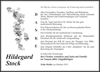 Traueranzeige von Hildegard Stock von Südthüringer Presse
