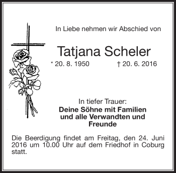 Traueranzeige von Tatjana Scheler von Neue Presse Coburg