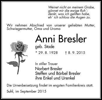 Traueranzeige von Anni Bresler von Südthüringer Presse