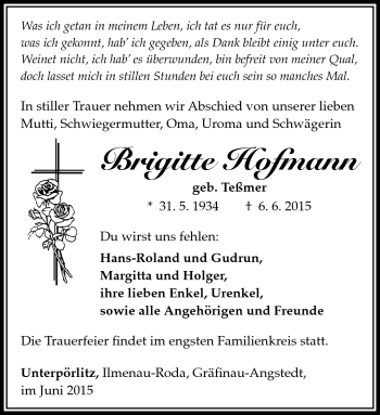 Traueranzeige von Brigitte Hofmann von Südthüringer Presse