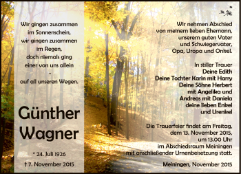 Traueranzeige von Günther Wagner von Südthüringer Presse
