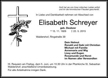 Traueranzeige von Elisabeth Schreyer von Frankenpost
