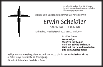 Traueranzeige von Erwin Scheidler von Frankenpost