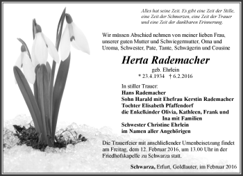 Traueranzeige von Herta Rademacher von Südthüringer Presse