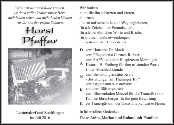 Traueranzeige von Horst Pfeffer von Südthüringer Presse
