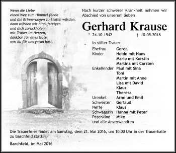 Traueranzeige von Gerhard Krause von Südthüringer Presse