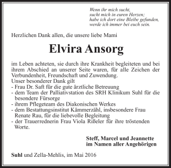 Traueranzeige von Elvira Ansorg von Südthüringer Presse