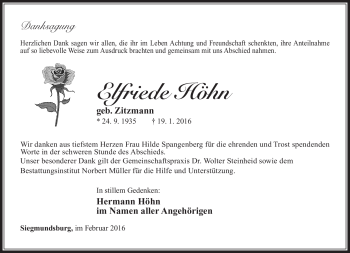 Traueranzeige von Elfriede Höhn von Südthüringer Presse