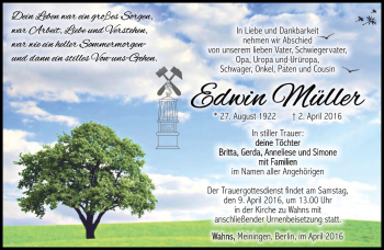 Traueranzeige von Edwin Müller von Südthüringer Presse