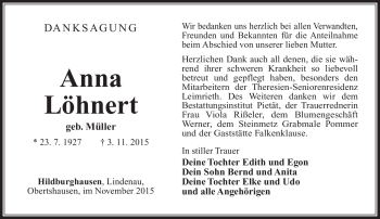 Traueranzeige von Anna Löhnert von Südthüringer Presse