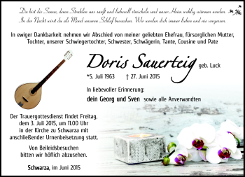 Traueranzeige von Doris Sauerteig von Südthüringer Presse