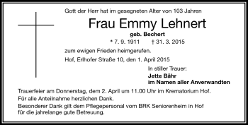 Traueranzeige von Emmy Lehnert von Frankenpost