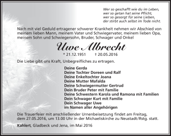 Traueranzeige von Uwe Albrecht von Südthüringer Presse