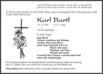 Traueranzeige von Karl Bartl von Südthüringer Presse