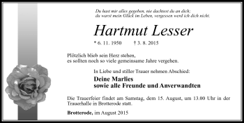 Traueranzeige von Hartmut Lesser von Südthüringer Presse
