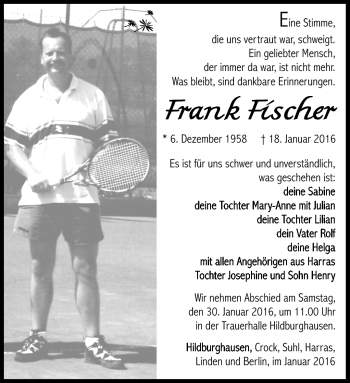 Traueranzeige von Frank Fischer von Südthüringer Presse