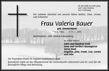 Traueranzeige von Valeria Bauer von Frankenpost