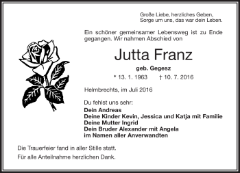 Traueranzeige von Jutta Franz von Frankenpost