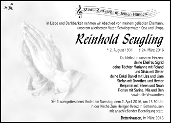 Traueranzeige von Reinhold Seugling von Südthüringer Presse