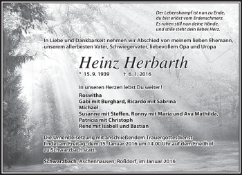 Traueranzeige von Heinz Herbarth von Südthüringer Presse