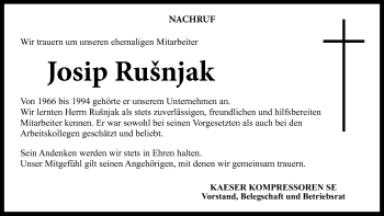 Traueranzeige von Josip Rusnjak von Neue Presse Coburg
