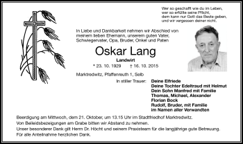Traueranzeige von Oskar Lang von Frankenpost