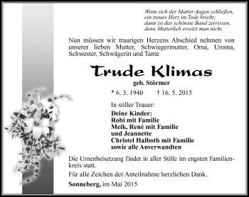 Traueranzeige von Trude Klimas von Südthüringer Presse