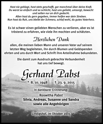 Traueranzeige von gerhard Pabst von Südthüringer Presse