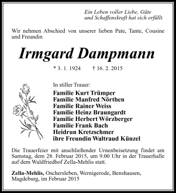Traueranzeige von Irmgard Dampmann von Südthüringer Presse
