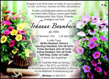 Traueranzeige von Johanna Baumbach von Südthüringer Presse