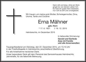 Traueranzeige von Erna Mähner von Frankenpost