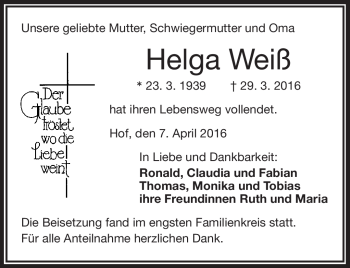 Traueranzeige von Helga Weiß von Frankenpost