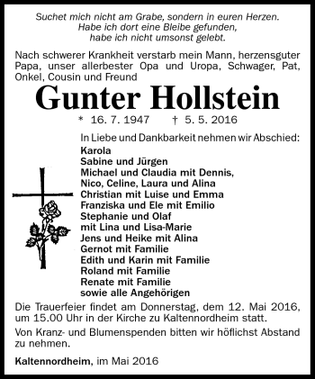 Traueranzeige von Gunter Hollstein von Südthüringer Presse