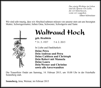 Traueranzeige von Waltraud Hoch von Südthüringer Presse