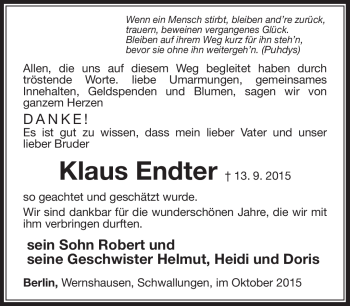 Traueranzeige von Klaus Endter von Südthüringer Presse