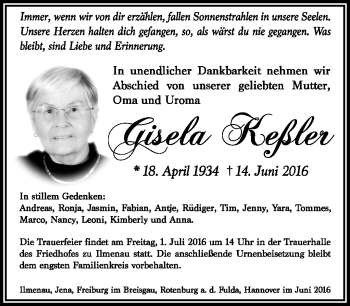 Traueranzeige von Gisela Keßler von Südthüringer Presse
