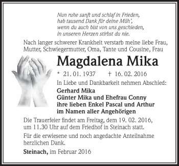 Traueranzeige von Magdalena Mika von Südthüringer Presse