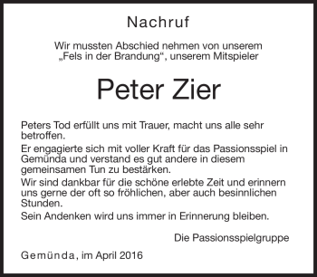 Traueranzeige von Peter Zier von Neue Presse Coburg