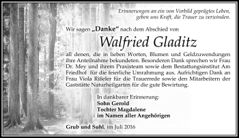 Traueranzeige von Walfried Gladitz von Südthüringer Presse