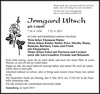 Traueranzeige von Irmgard Ultsch von Südthüringer Presse