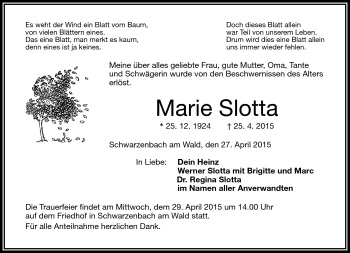 Traueranzeige von Marie Slotta von Frankenpost