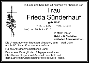 Traueranzeige von Frieda Sünderhauf von Frankenpost
