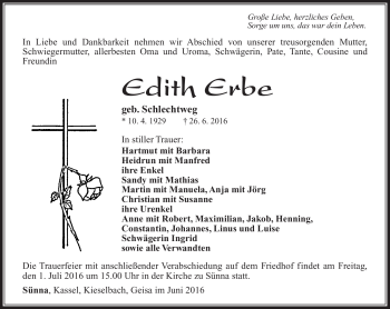 Traueranzeige von Edith Erbe von Südthüringer Presse