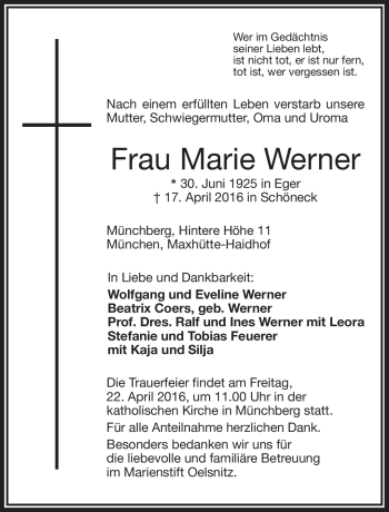 Traueranzeige von Marie Werner von Frankenpost