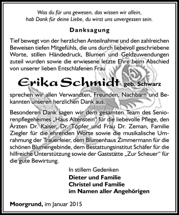 Traueranzeige von Erika Schmidt von Südthüringer Presse