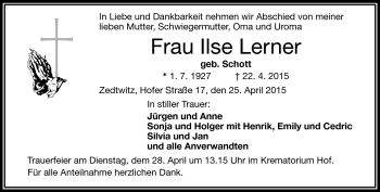 Traueranzeige von Ilse Lerner von Frankenpost