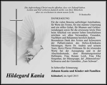 Traueranzeige von Hildegard Kania von Südthüringer Presse