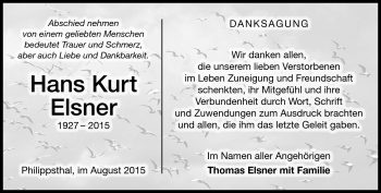 Traueranzeige von Hans Kurt Elsner von Südthüringer Presse