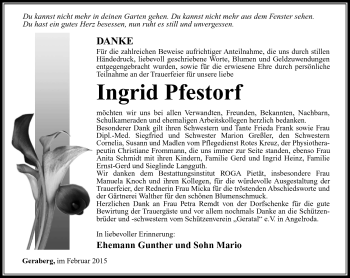 Traueranzeige von Ingrid Pfestorf von Südthüringer Presse